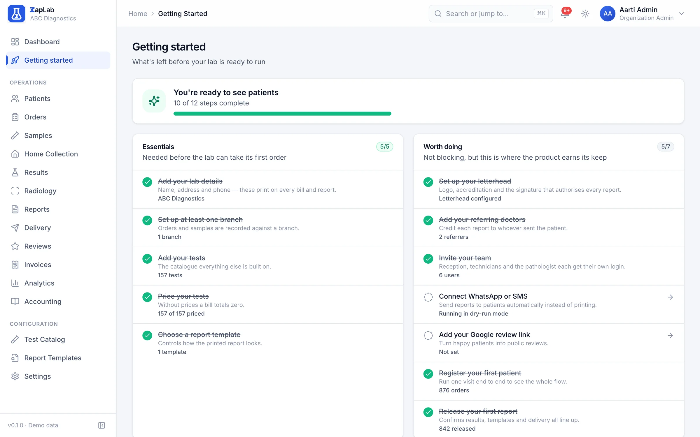 Getting started checklist showing 9 of 10 setup steps complete: lab details, branch, tests, prices and report template done, WhatsApp or SMS still to connect