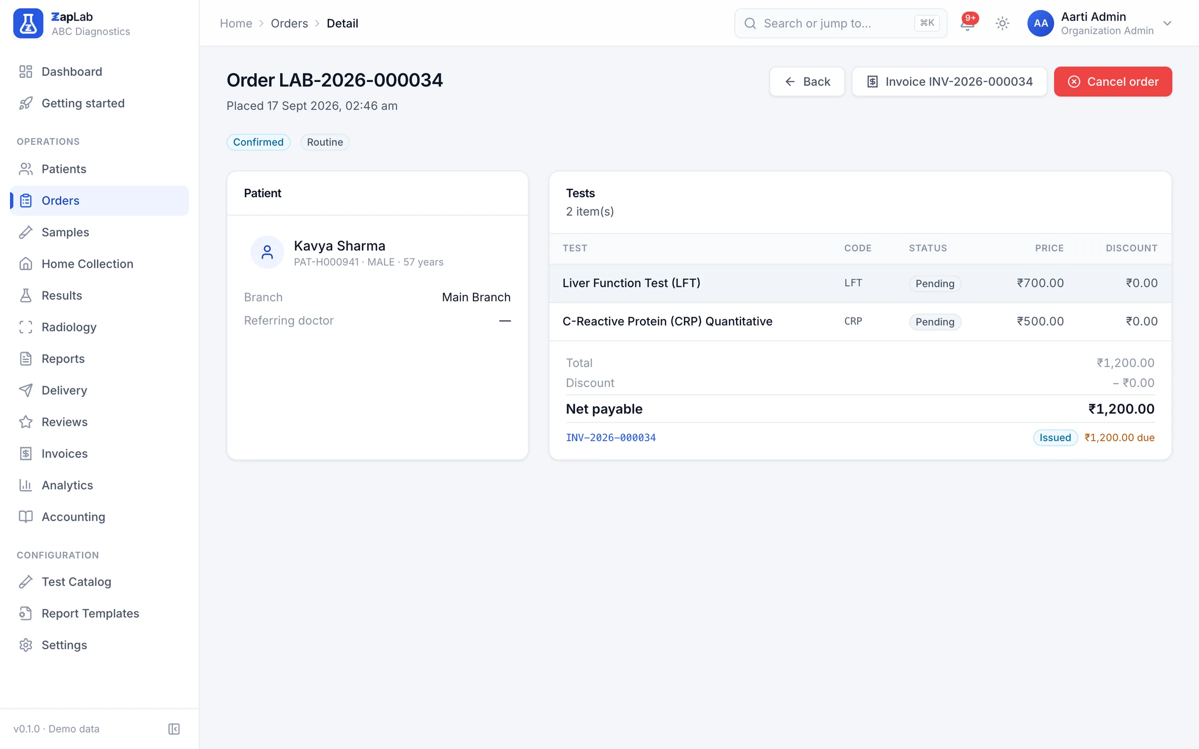 Order detail for one visit: patient and branch on the left, ordered tests with status, price, discount and the linked invoice on the right