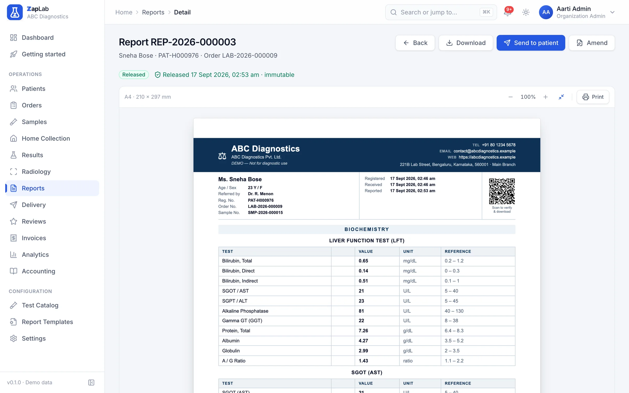 A generated A4 lab report inside the app: navy letterhead, barcode, QR code to verify, a complete blood count table and two signatories, with release and download actions above