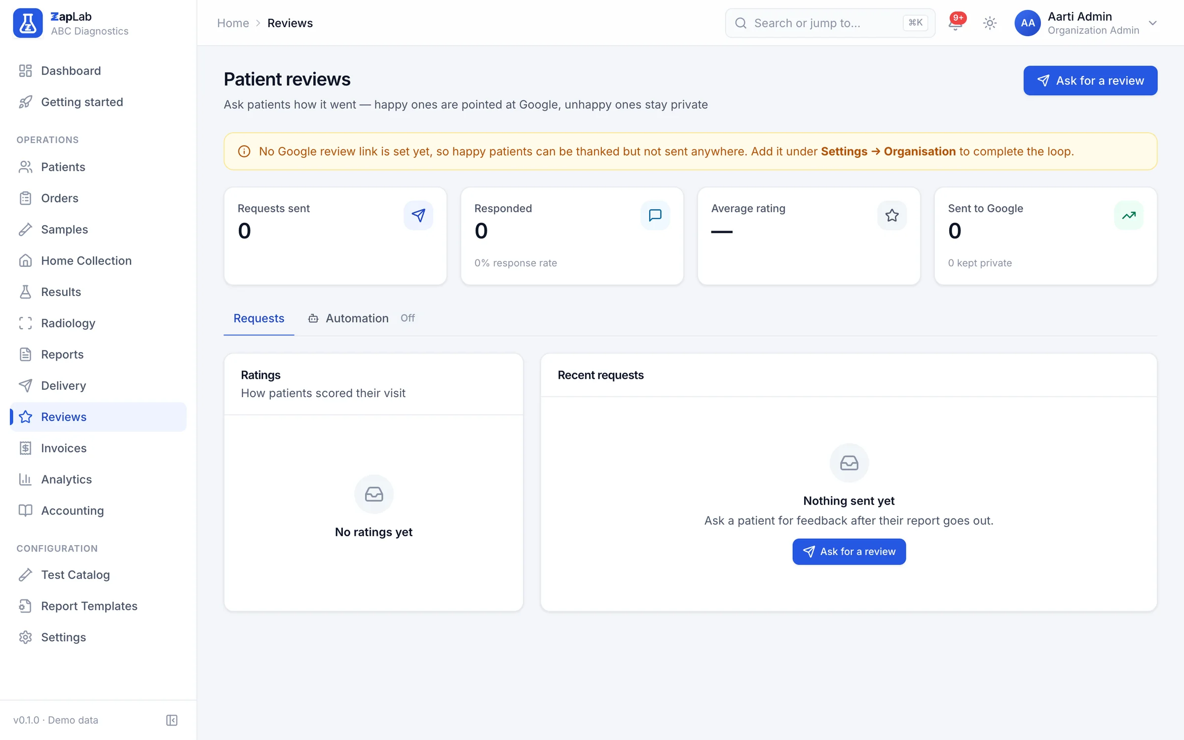 Patient reviews screen: requests sent, response rate, average rating, reviews sent to Google, a ratings chart and recent requests